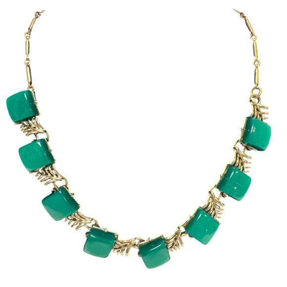Coro Jewelry - Coro Signed Vintage 1940's Green Turqouis Lucite Thermoset Silver Necklace